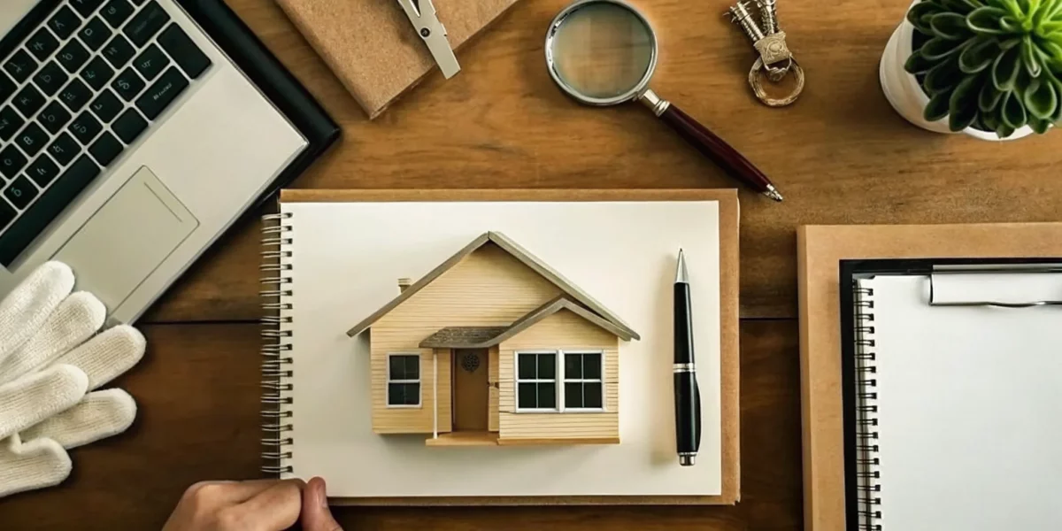 Planning an estate valuation and liquidation with a model house, keys, and a magnifying glass.