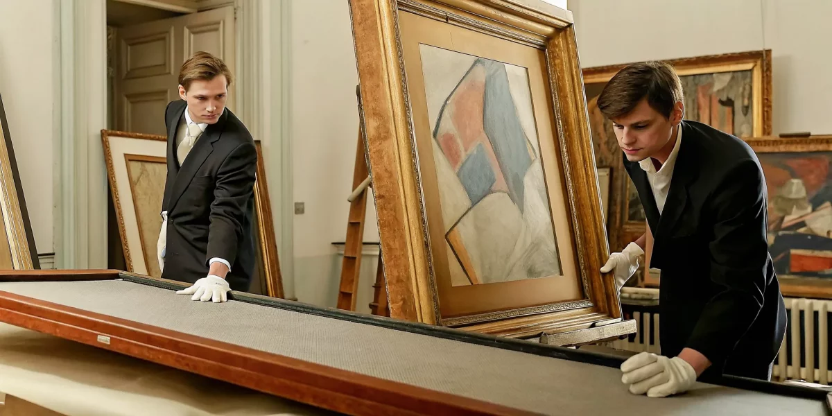 Art handlers preparing paintings for a fine art estate liquidation.