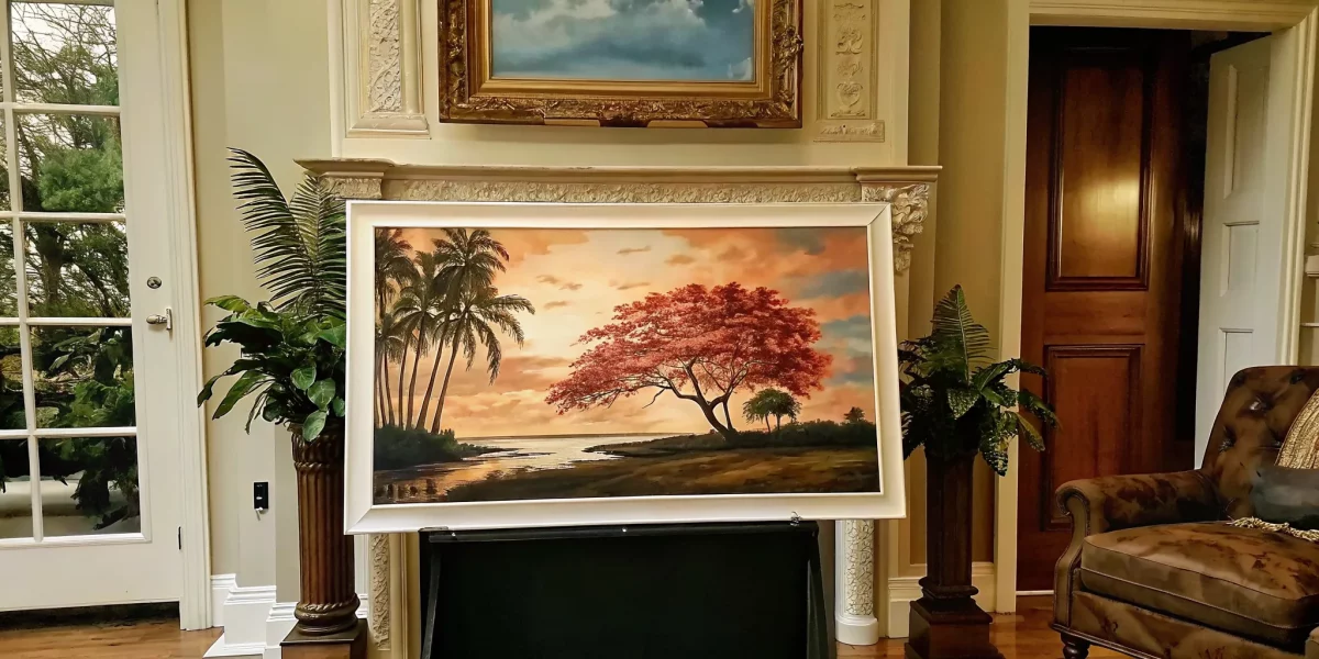 Florida Highwaymen landscape painting with spectacular pink sunset and poinciana tree