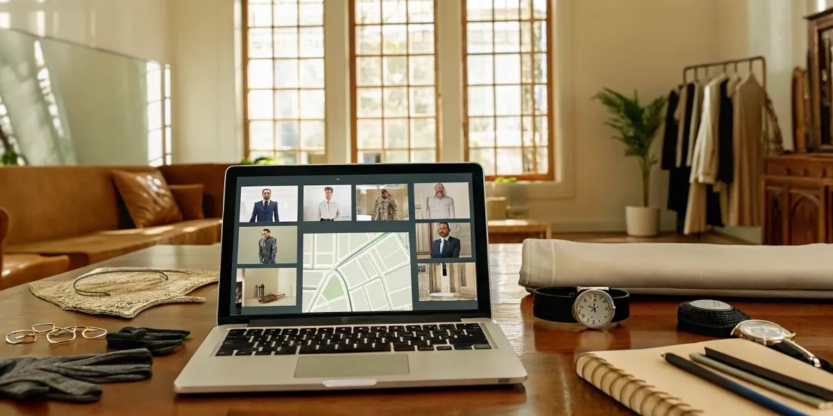 Laptop used to find estate auctioneers, with valuable watches and clothing ready for auction.