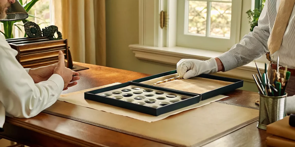 Two people carefully examining a coin collection for estate liquidation.
