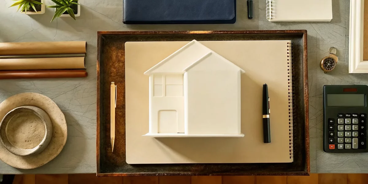 A model house, calculator, and notebook for planning how to liquidate an inherited estate.