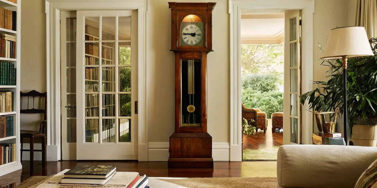 Antique grandfather clock in an elegant estate library setting