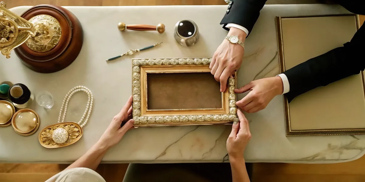 Hands organizing a picture frame and other estate items to sell at auction.