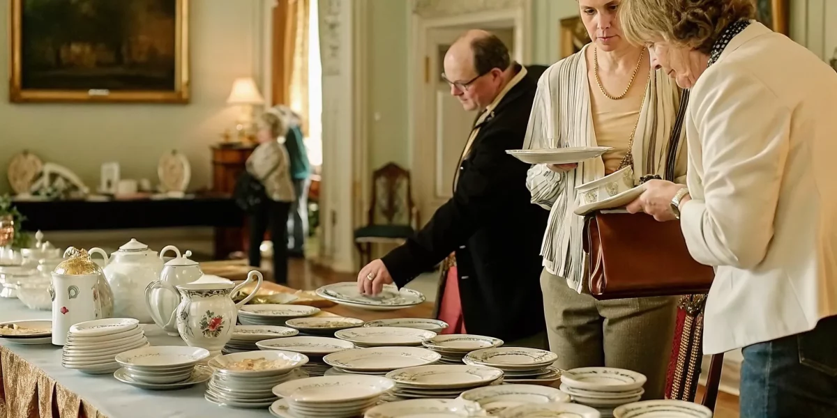 Fine china dinnerware set displayed at an estate auction house