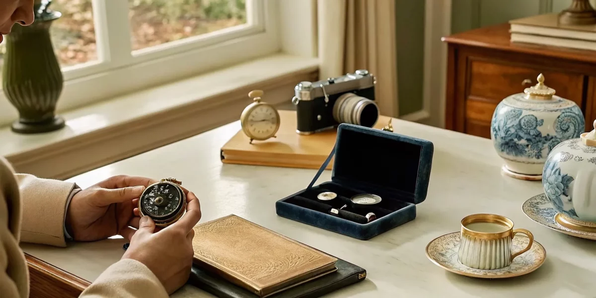Inspecting inherited estate items, like a vintage pocket watch, to sell for the best price.