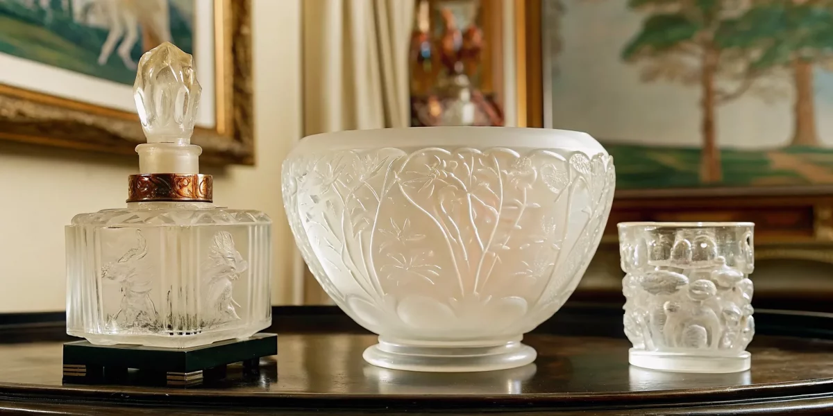 Collection of Lalique crystal glass pieces including frosted vases and perfume bottles on display