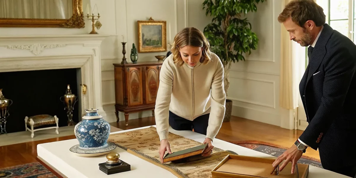 People evaluating inherited antiques on a table for liquidation.