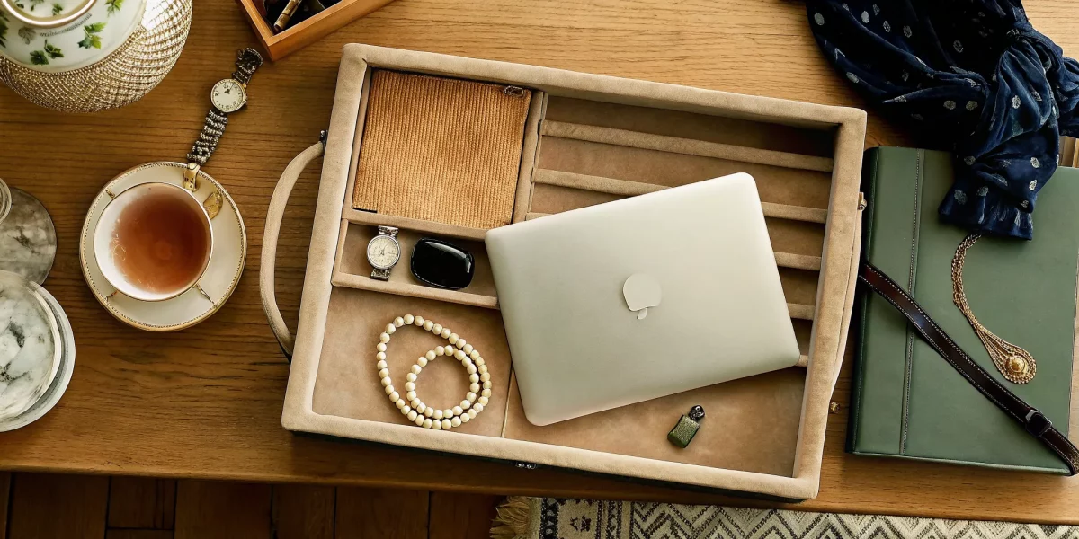 Jewelry and valuables organized for an inherited estate sale service.