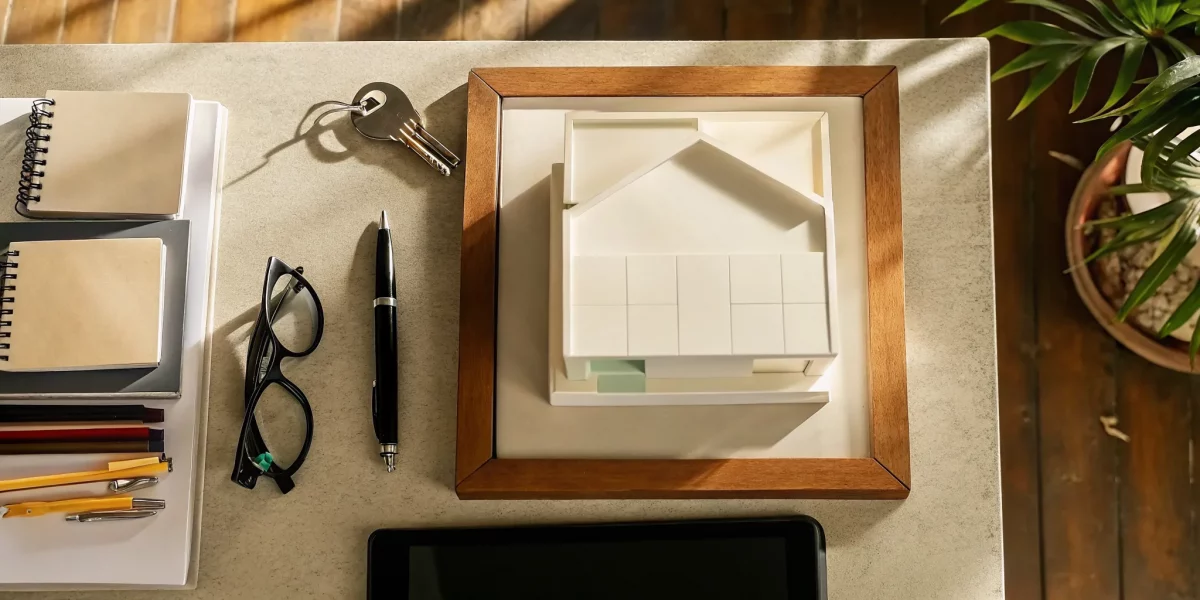 Documents for an inherited property liquidation next to a house model and keys.