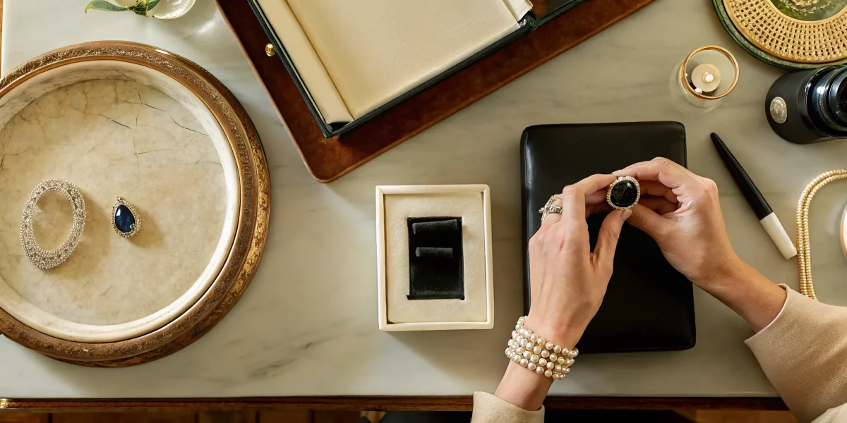 An appraiser examines a gemstone ring for a jewelry estate liquidation appraisal.