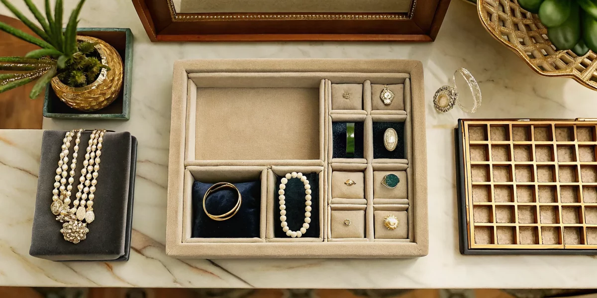 An estate jewelry collection of vintage rings and necklaces being prepared for liquidation.