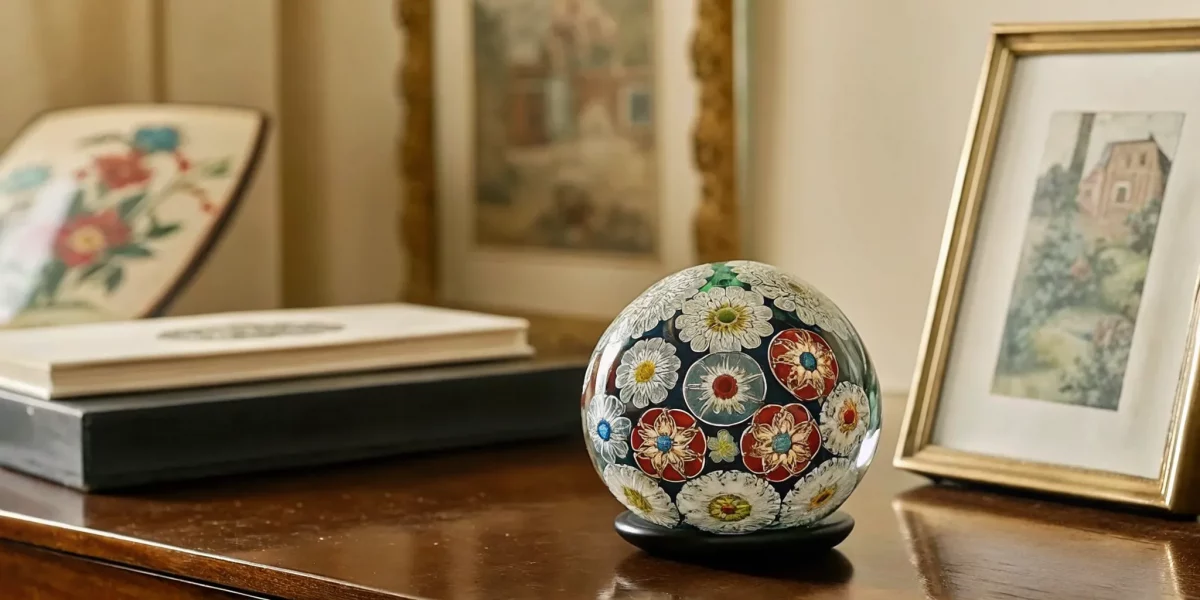 Antique millefiori paperweight on dark wood surface with colorful glass canes in floral patterns