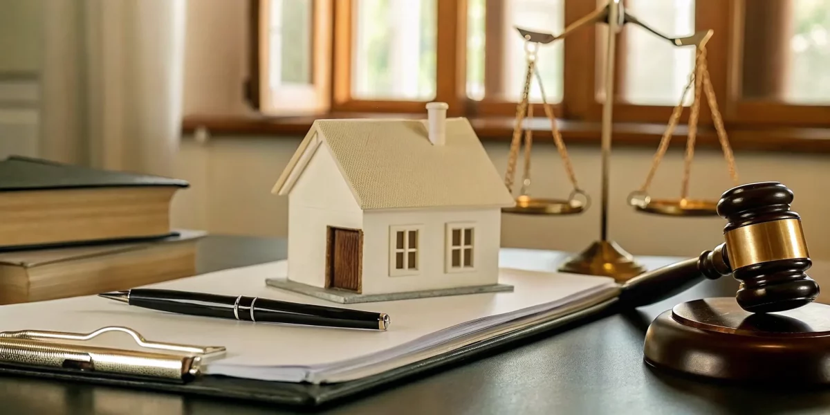Gavel, scales of justice, and a model house for a probate estate sale service.