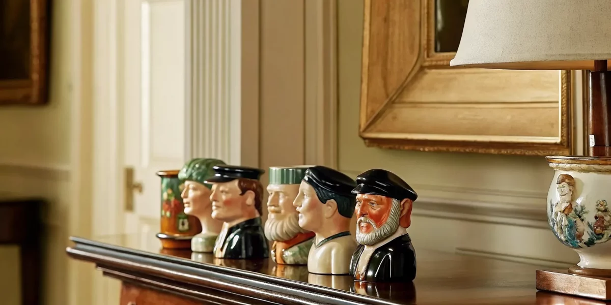 A collection of beautifully hand-painted antique Royal Doulton ceramic character jugs displayed on a wooden shelf