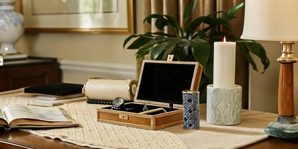 A collection of inherited antiques on a table being organized to sell.