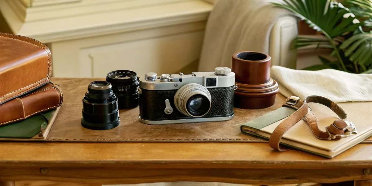Vintage Leica rangefinder camera on wooden table with antique lenses and leather case