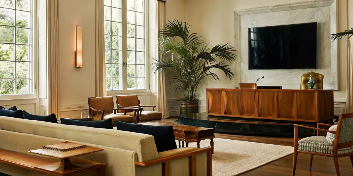 Furniture and fine art on display inside an auction house in Pinecrest, FL.