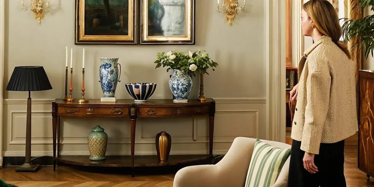 Decorative arts including furniture, ceramics, and wall art on display at an estate sale.