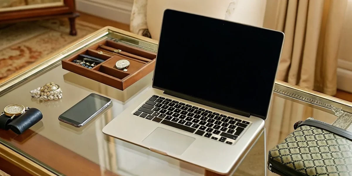 A laptop and smartphone showing an online estate sale auction for jewelry and valuables.