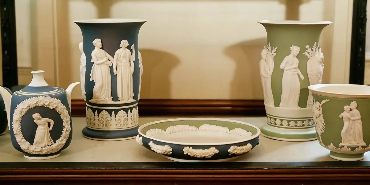 Fine Wedgwood Jasperware collection in classic blue and sage green with white bas-relief neoclassical figures
