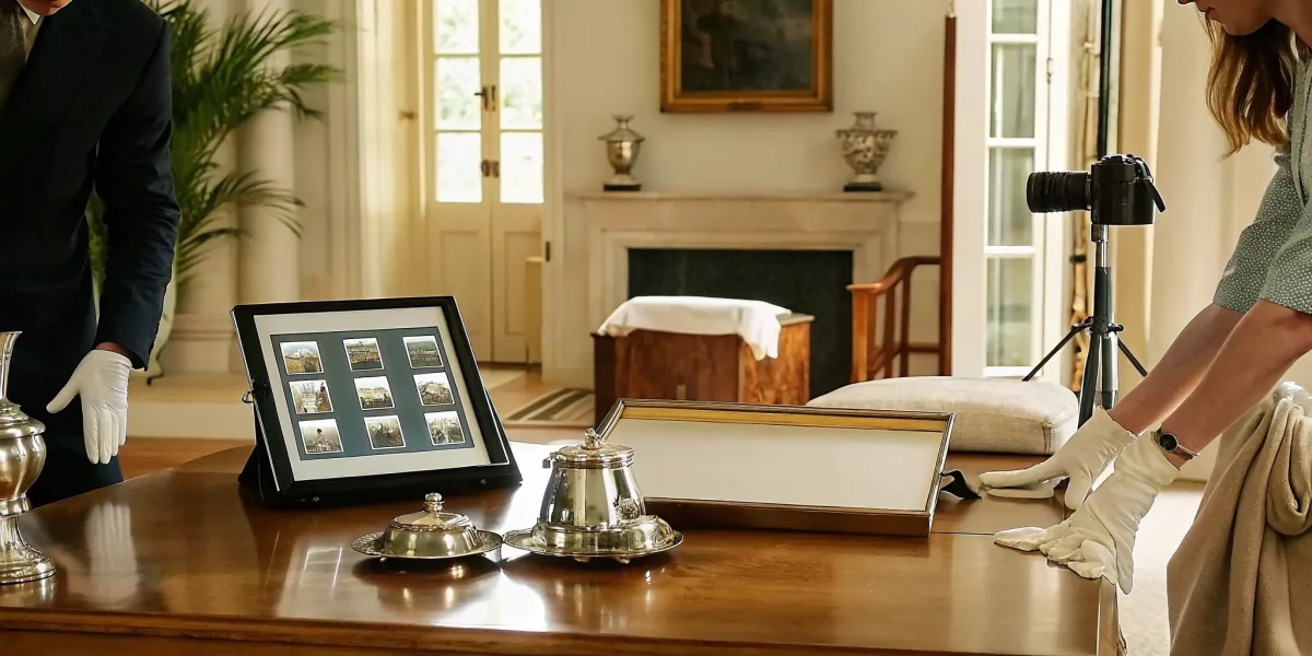 Estate liquidation service appraising and cataloging valuables before an auction.