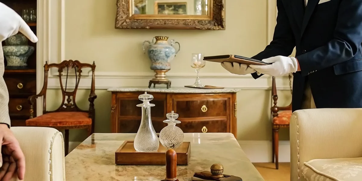 An estate auction company appraiser valuing antique furniture and collectibles for auction.