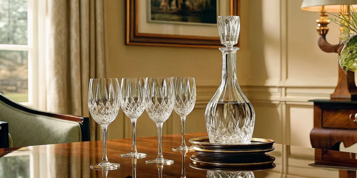 A beautiful luxury Waterford lead crystal decanter and matching stemware glasses reflecting light on a polished mahogany table, professional auction presentation photography