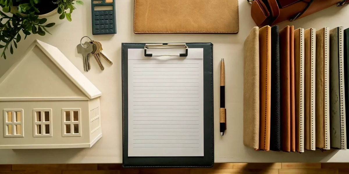 A checklist for estate liquidation with a house model, keys, and documents on a desk.