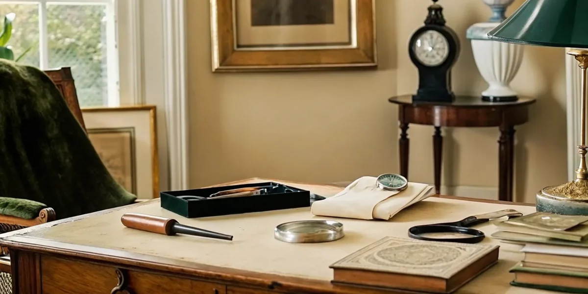 An appraiser's desk set up for an antique estate appraisal and liquidation.