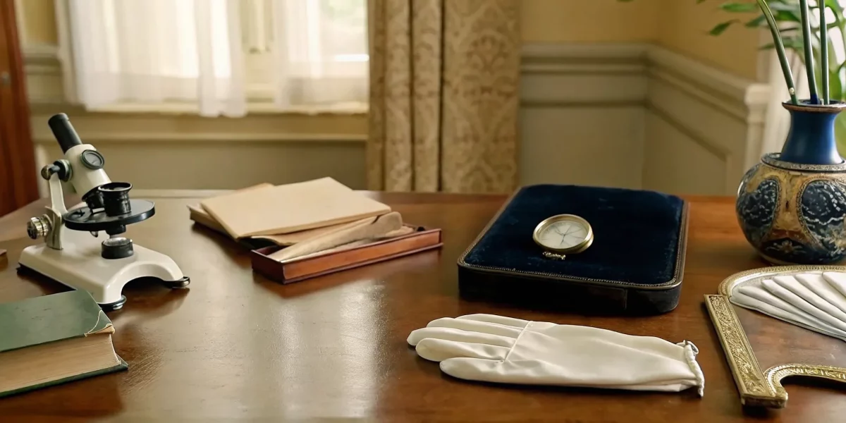 Antique items on a desk undergoing certified appraisals for an estate sale.