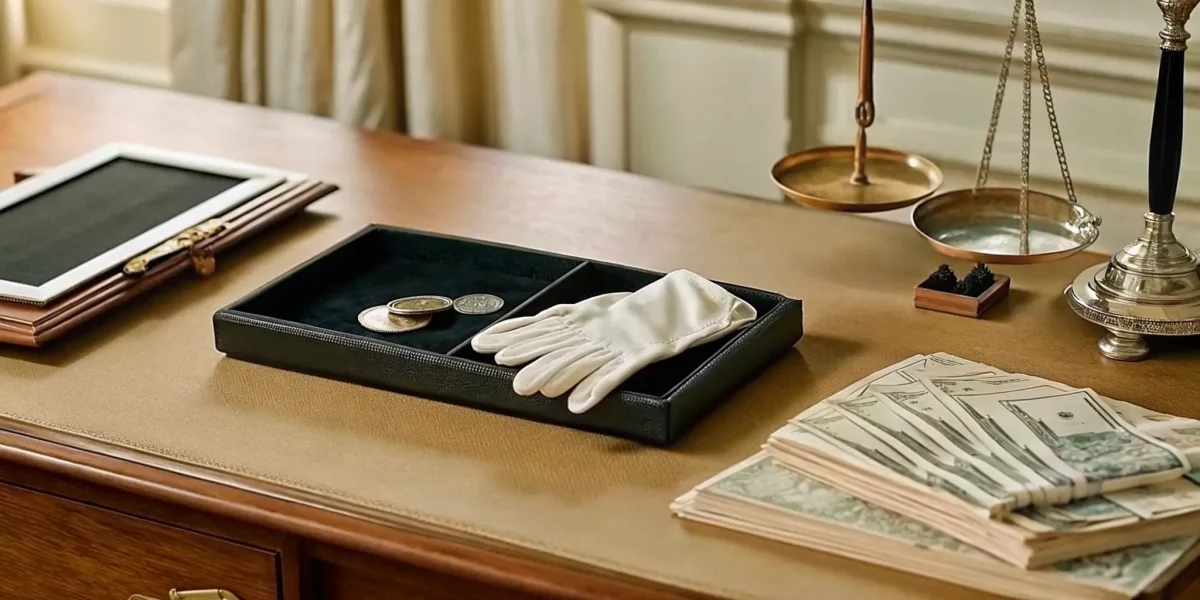 A currency collection of coins and paper money being appraised for estate liquidation.