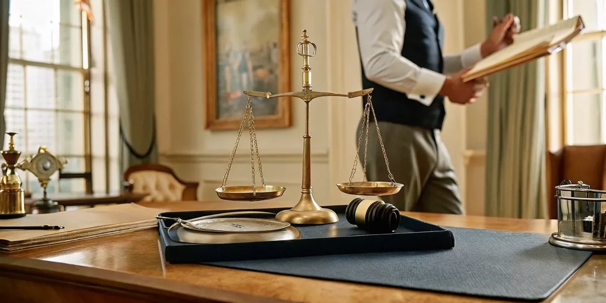 A gavel and scales of justice for estate appraisal and liquidation.