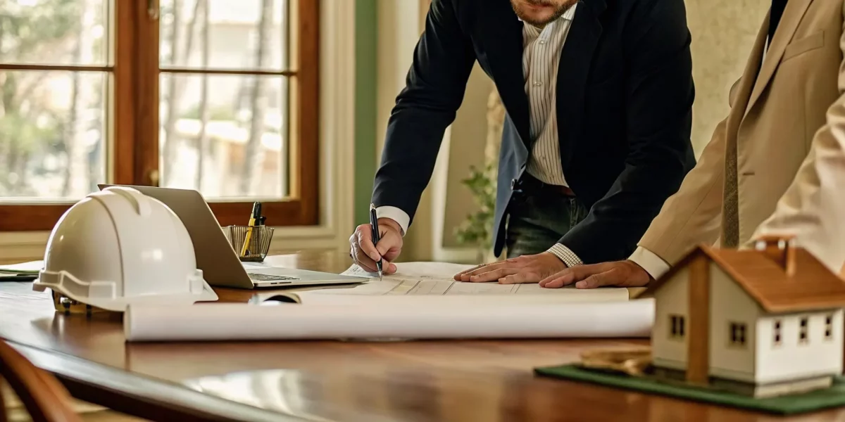 Professionals from a trusted estate liquidation company planning a sale with a house model.
