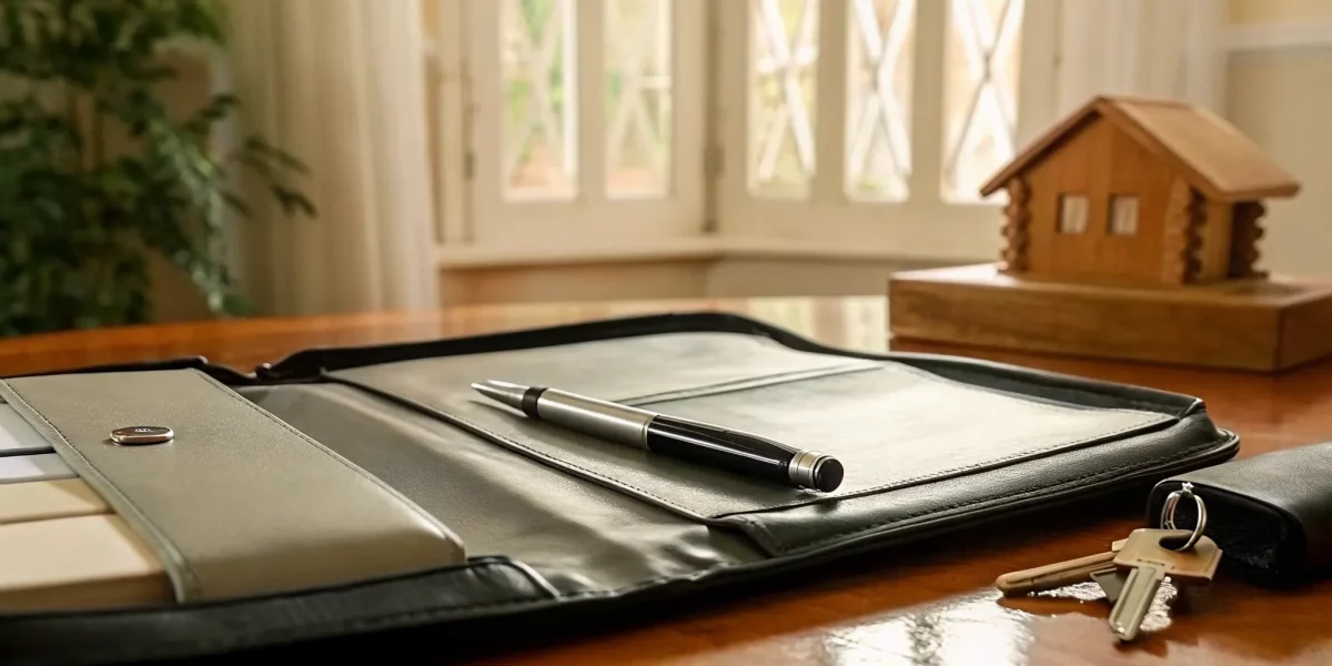 A contract for professional estate sale settlement services with a house model and keys.