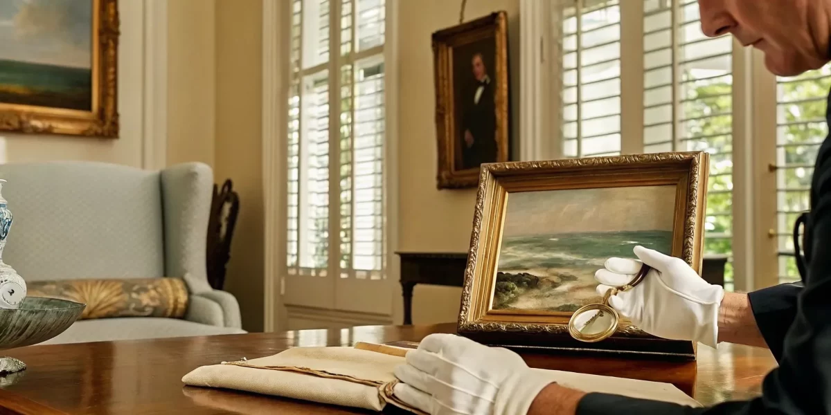 Antique appraisal in Key Biscayne, FL, with an expert examining a painting.