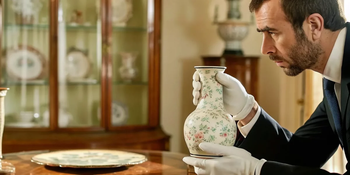 Certified antique appraiser examining a porcelain vase in a bright appraisal room