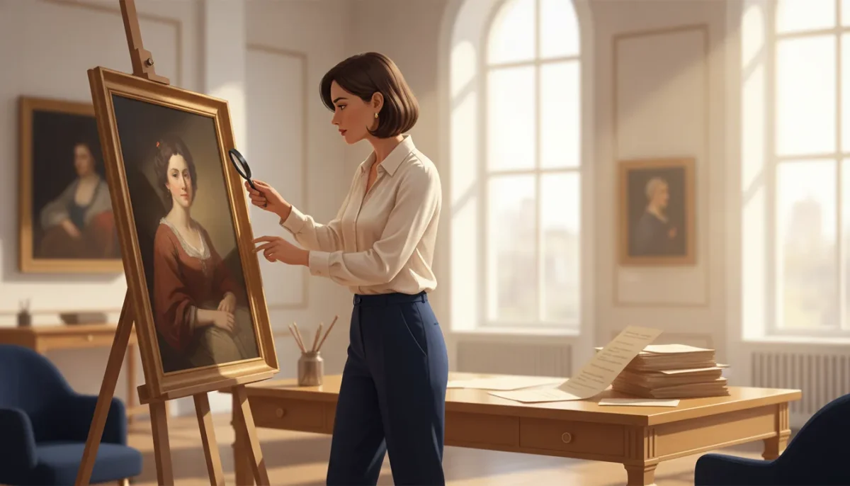 Art appraiser examining a framed painting in a gallery workspace