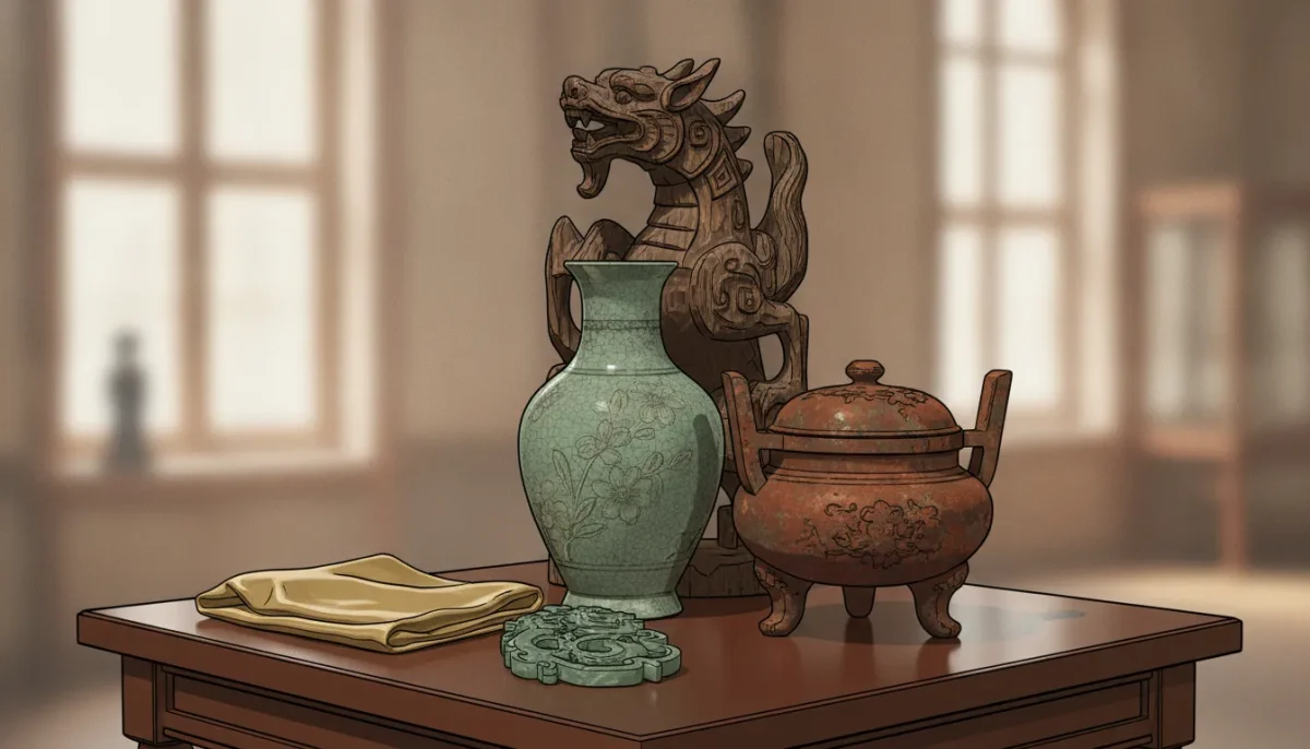 Asian antique ceramics and decorative objects in an antique gallery