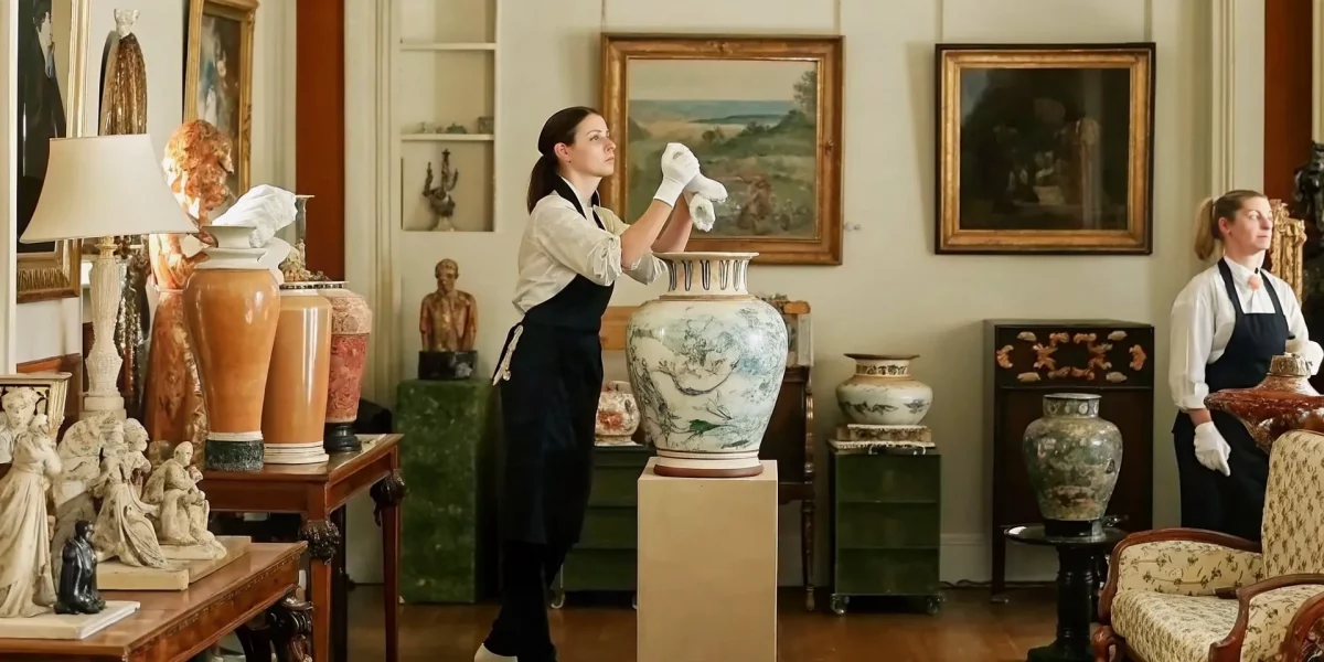 Professional appraiser examining porcelain with white gloves in an elegant auction house gallery