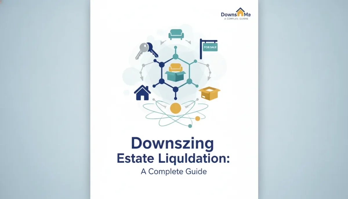 Downsizing estate liquidation guide cover with house, keys, box, sofa, and for-sale sign.