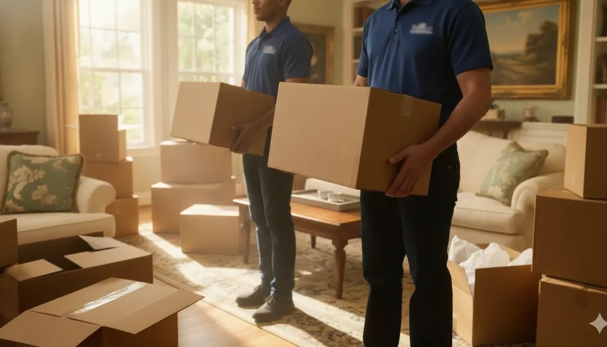 Estate liquidation pickup service team carefully packing boxes in a home.