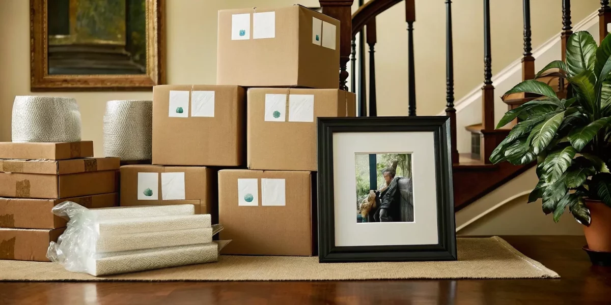 Estate packing and transport service with labeled boxes, framed art, and protective materials.
