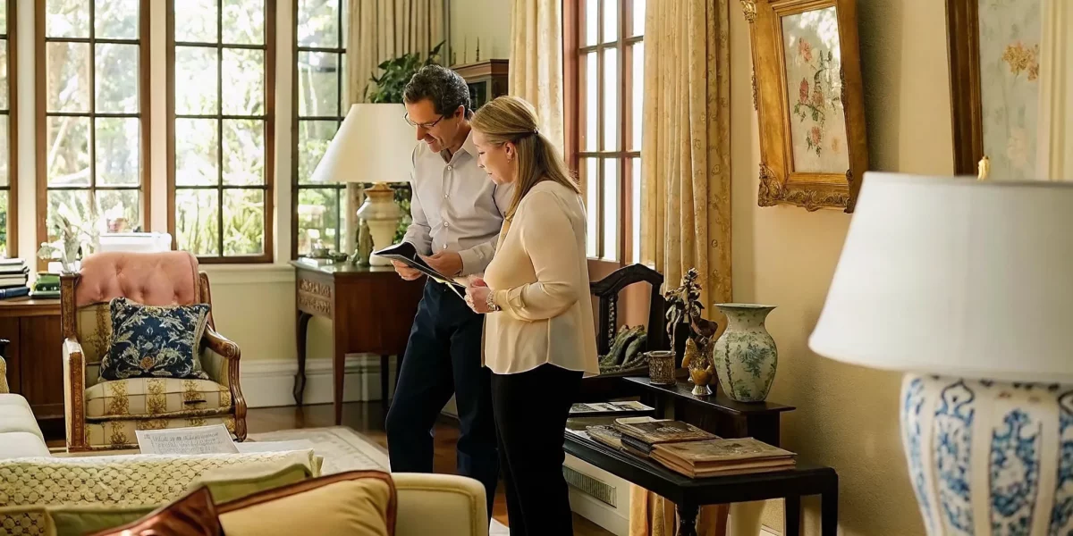 Shopper examining vintage furniture and crystal at a bright South Florida estate sale