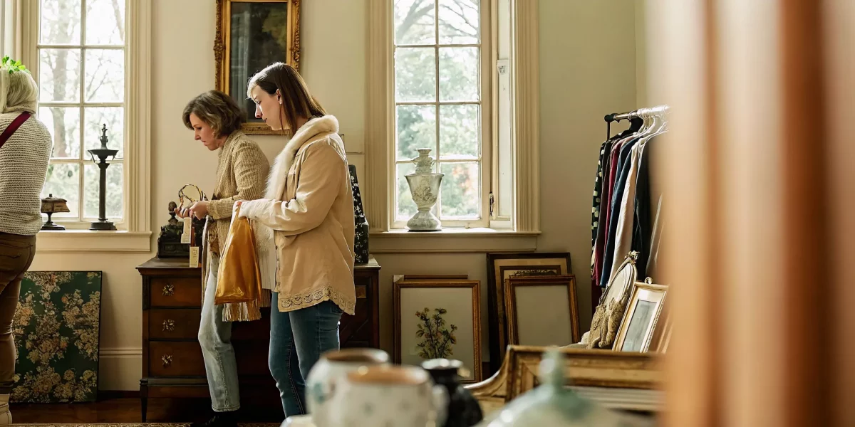 Shopper browsing vintage furniture and collectibles at a bright, elegant estate sale inside a beautifully kept home