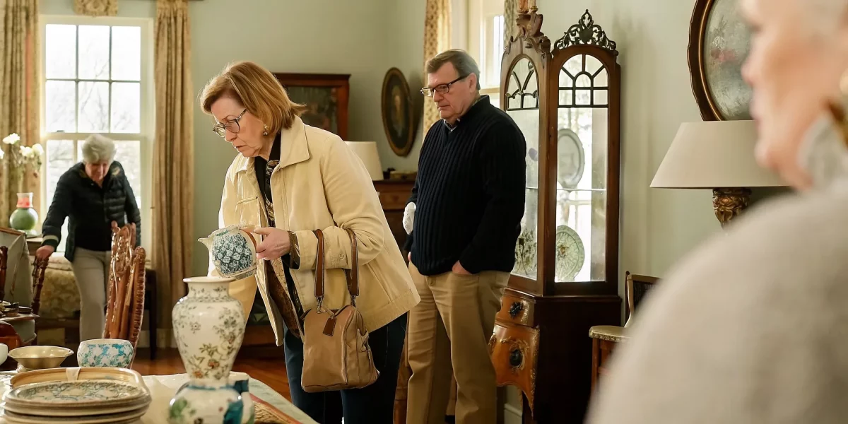 Antique shopper examining vintage items at a bright weekend estate sale