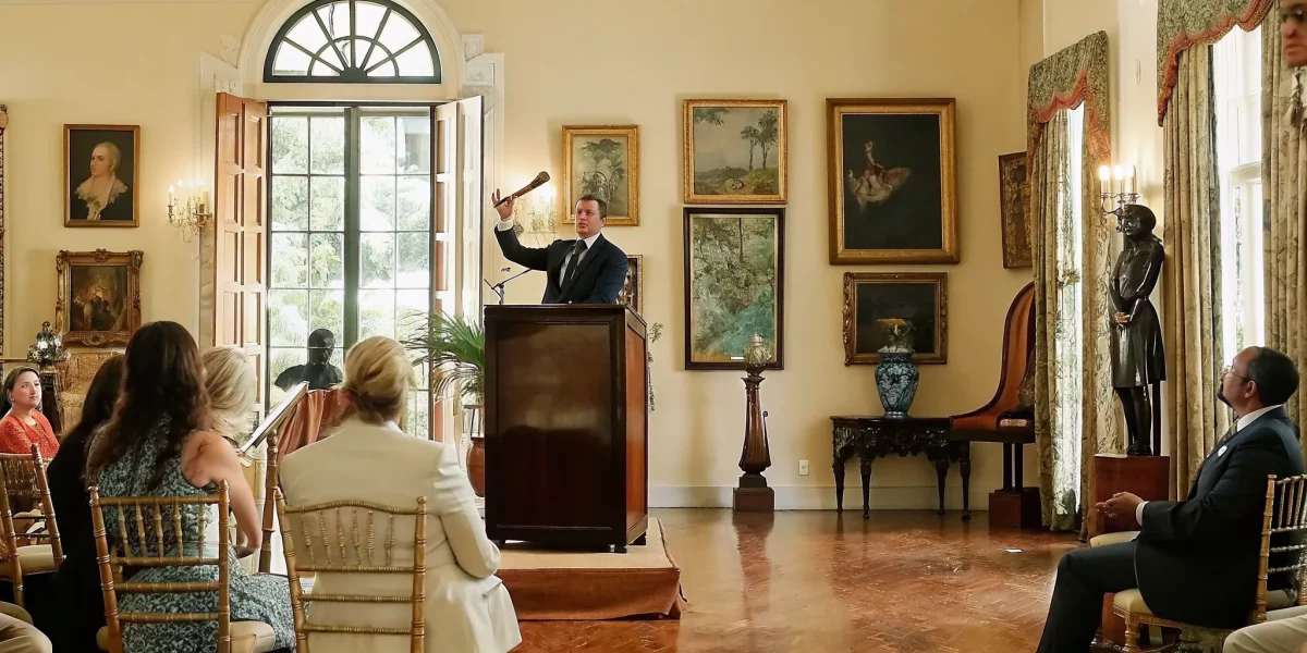 Auctioneer raising a gavel at a podium in an elegant Miami auction house while seated guests bid