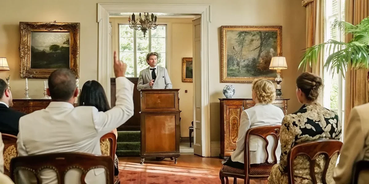 Elegant auction gallery with bidders viewing antiques and fine art on display
