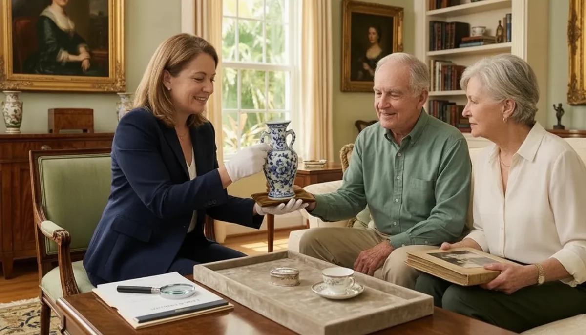 Appraiser examining an antique vase with a magnifying loupe in a bright Florida home
