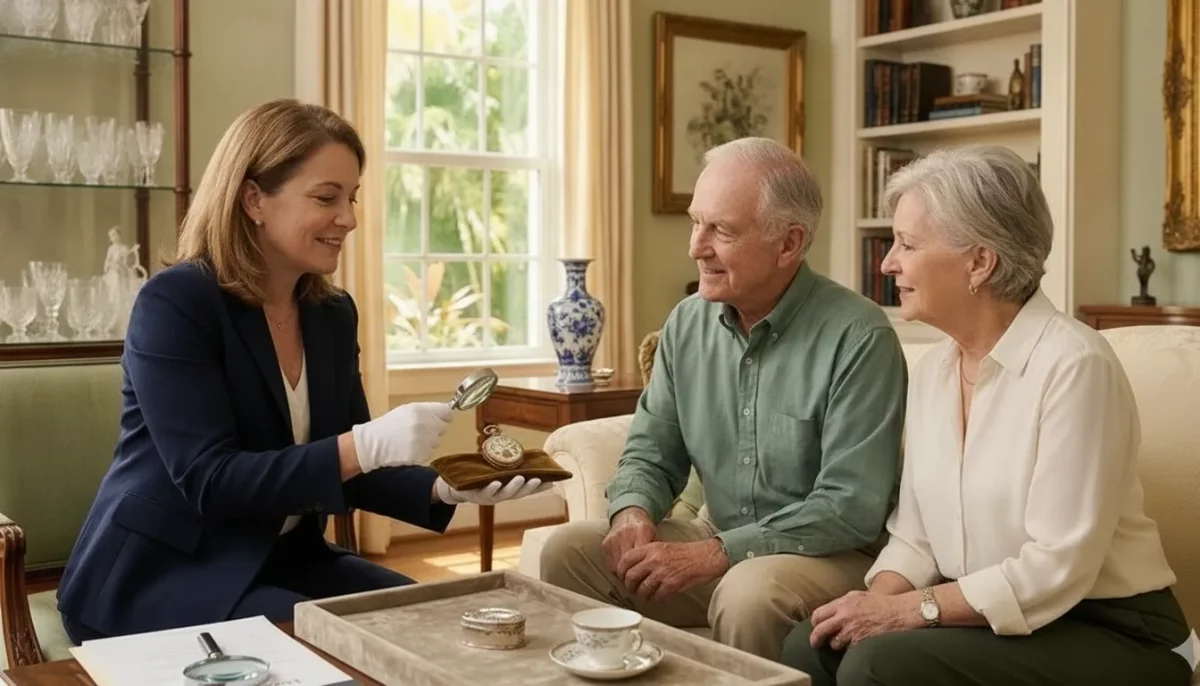 A friendly antique dealer presenting a porcelain vase to a couple in a bright showroom